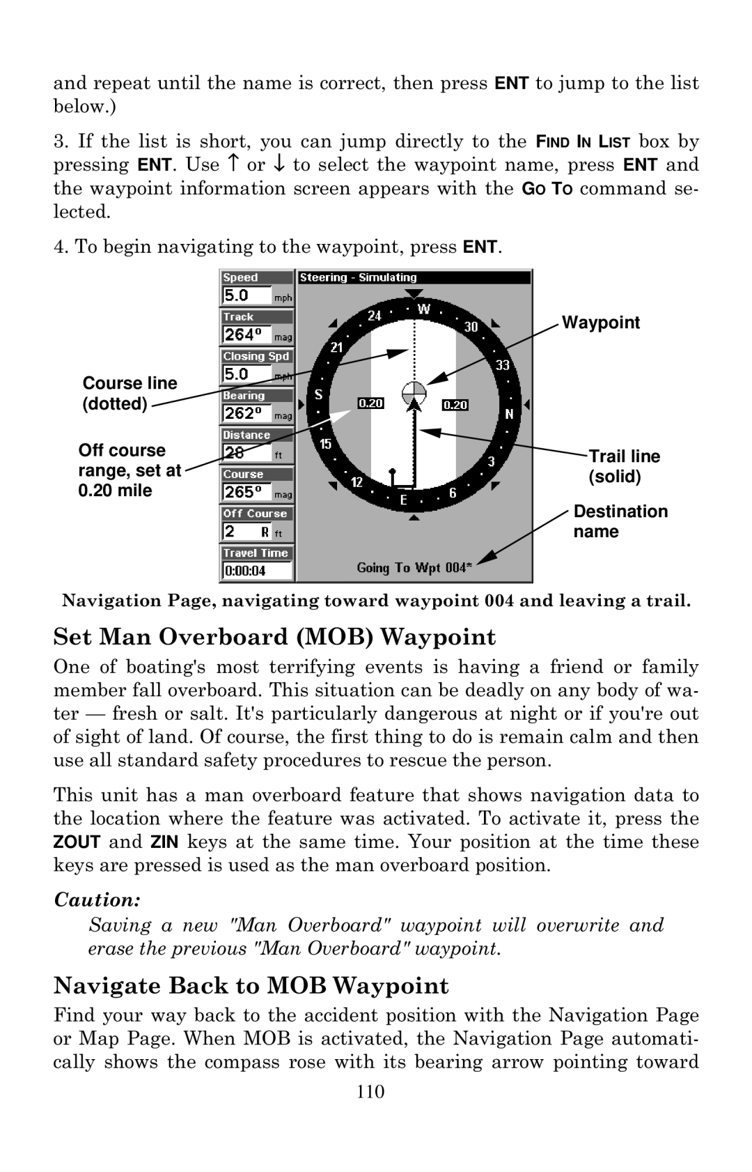 Eagle Electronics 320, 320DF manual Set Man Overboard MOB Waypoint, Navigate Back to MOB Waypoint 