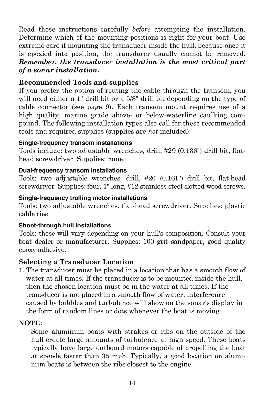 Eagle Electronics 320, 320DF manual Single-frequency transom installations, Dual-frequency transom installations 