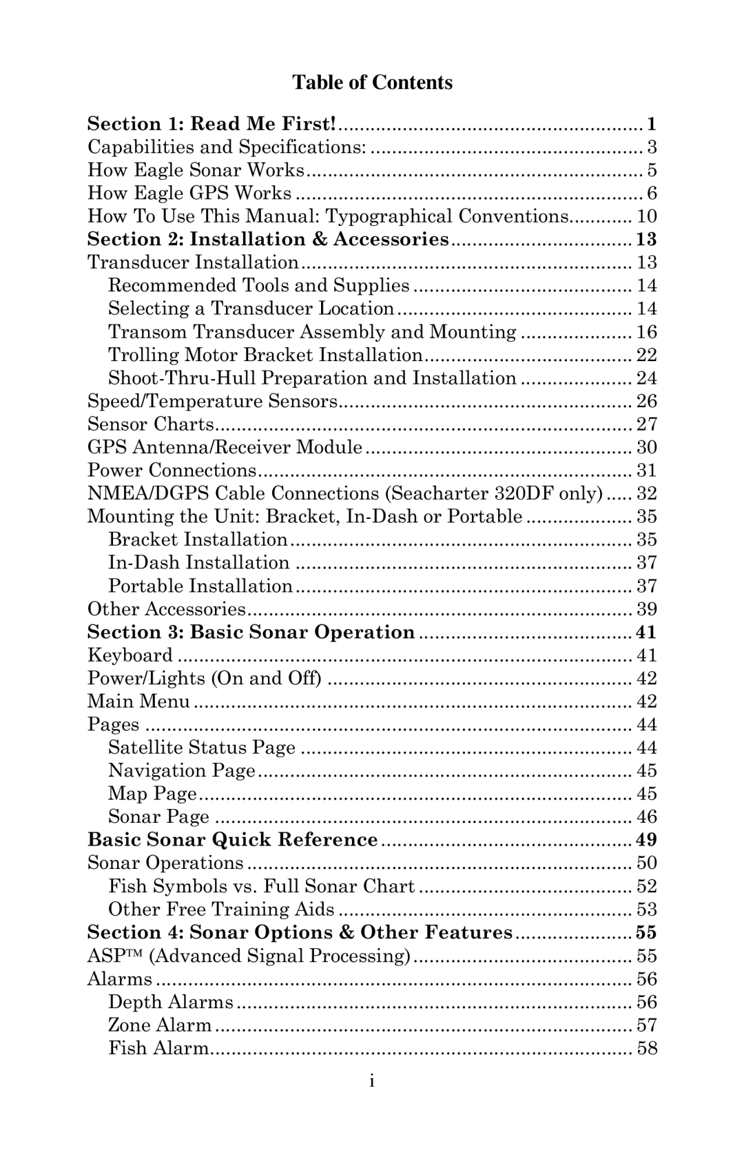 Eagle Electronics 320, 320DF manual Table of Contents 