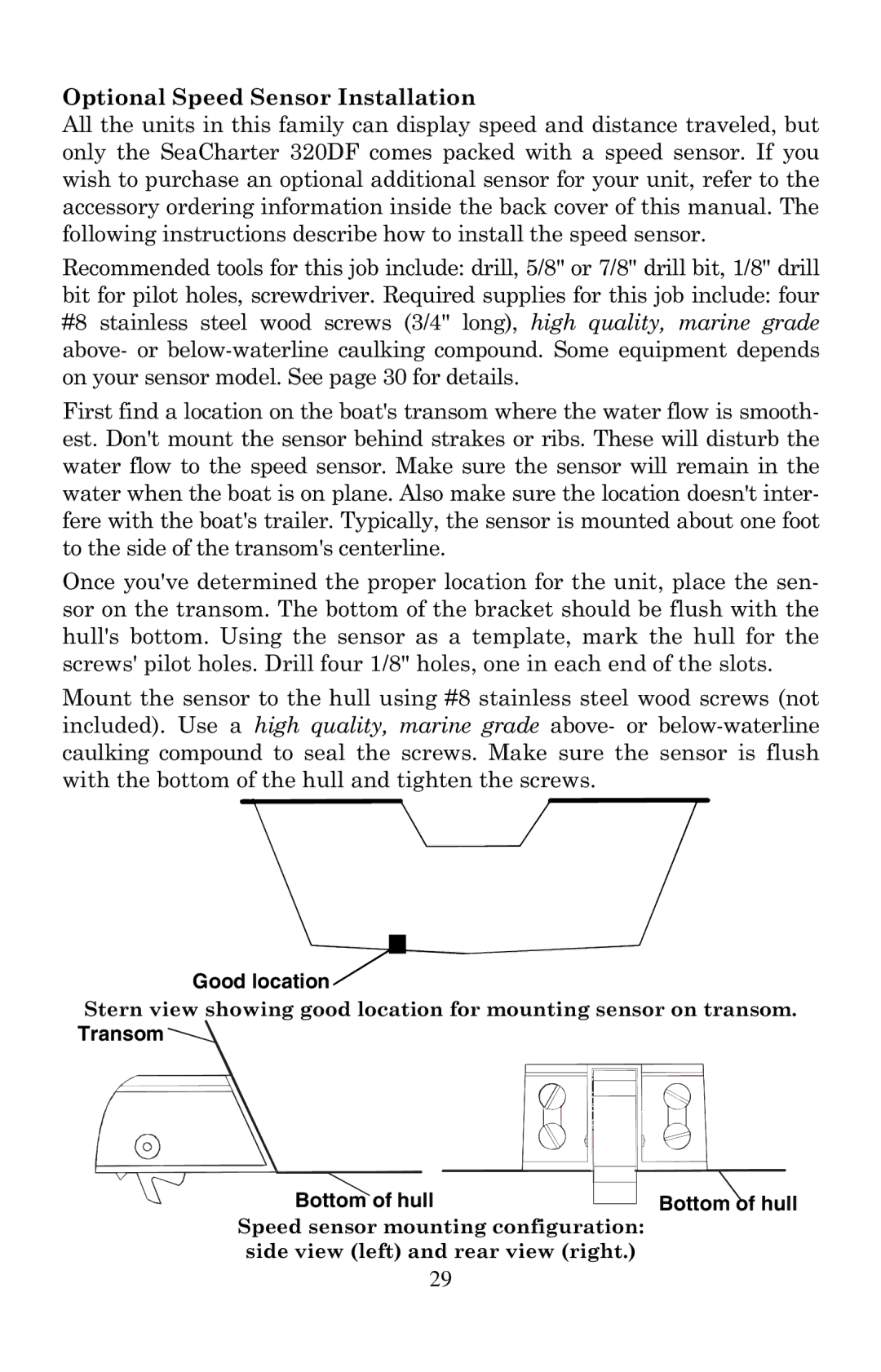 Eagle Electronics 320, 320DF manual Good location, Transom Bottom of hull 