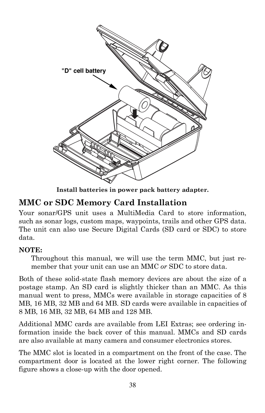 Eagle Electronics 320, 320DF manual MMC or SDC Memory Card Installation, Cell battery 