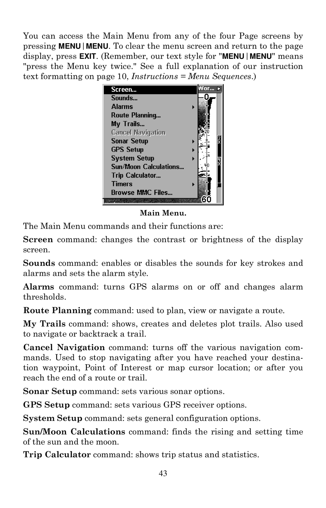 Eagle Electronics 320, 320DF manual Main Menu 