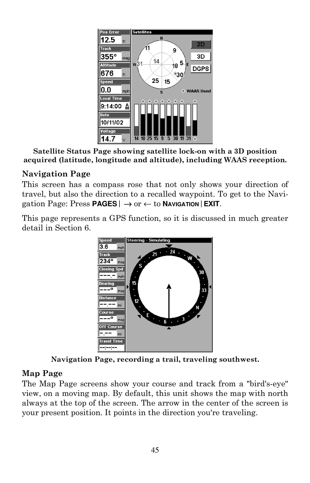 Eagle Electronics 320, 320DF manual Navigation Page, recording a trail, traveling southwest 