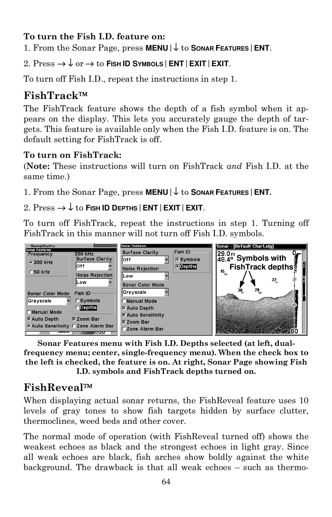 Eagle Electronics 320, 320DF manual FishTrack, FishReveal, To turn the Fish I.D. feature on, To turn on FishTrack 