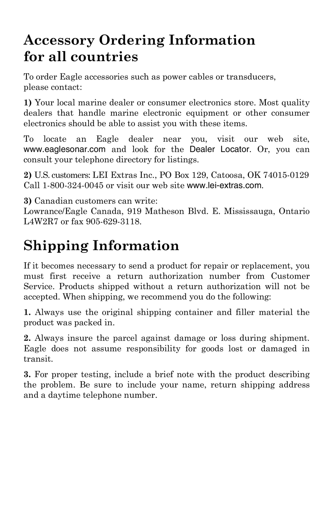 Eagle Electronics 320 manual Accessory Ordering Information for all countries 