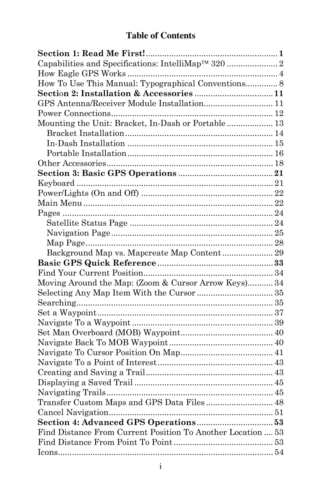 Eagle Electronics 320 manual Table of Contents 