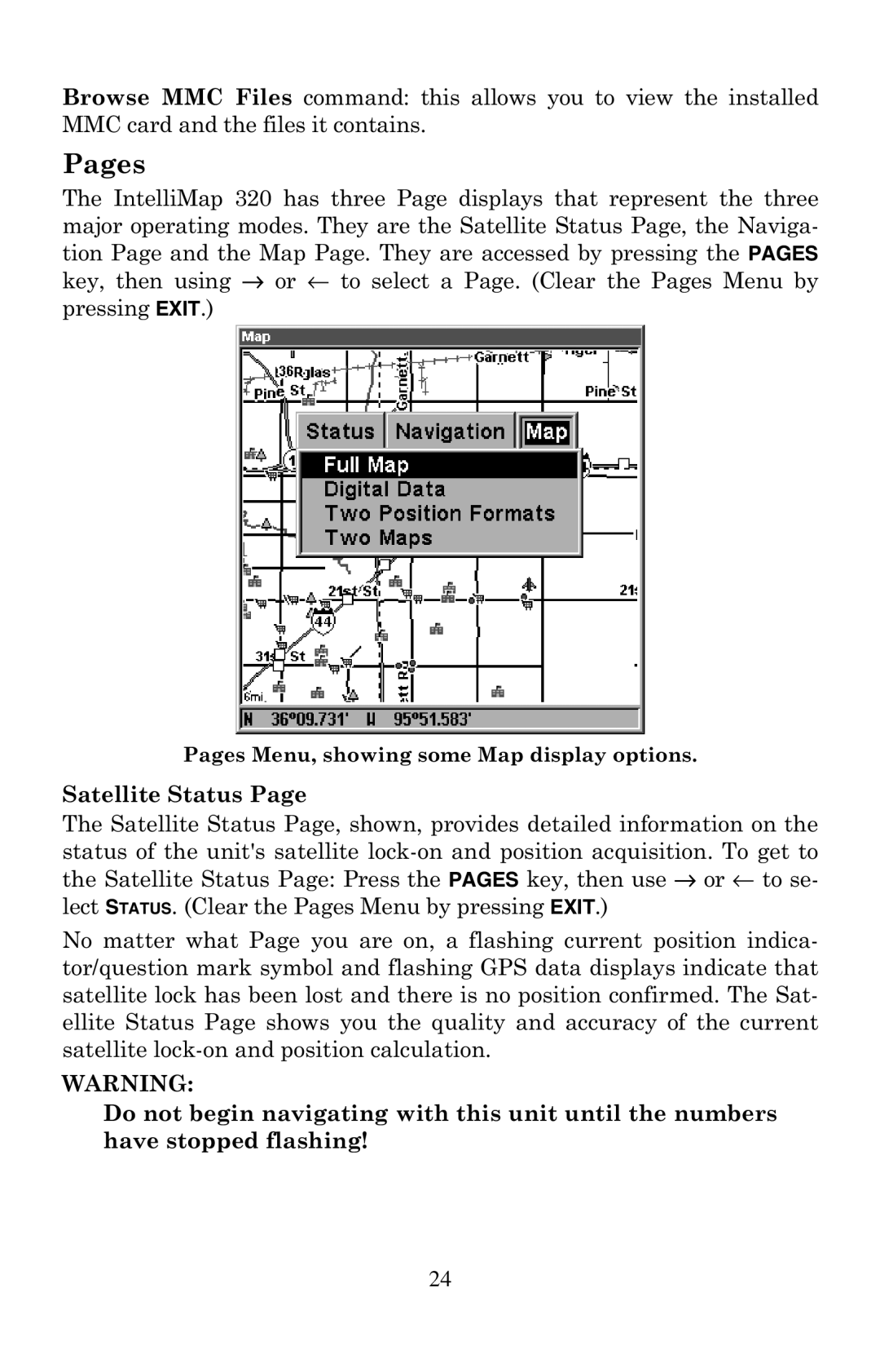 Eagle Electronics 320 manual Pages, Satellite Status 