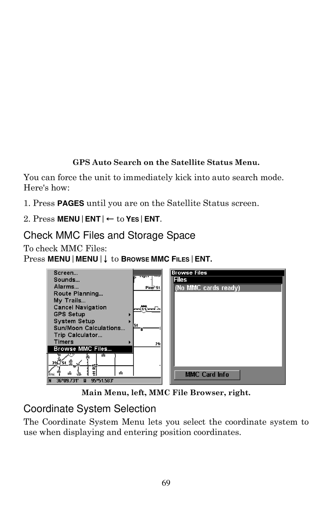 Eagle Electronics 320 manual Check MMC Files and Storage Space, Coordinate System Selection, To check MMC Files 