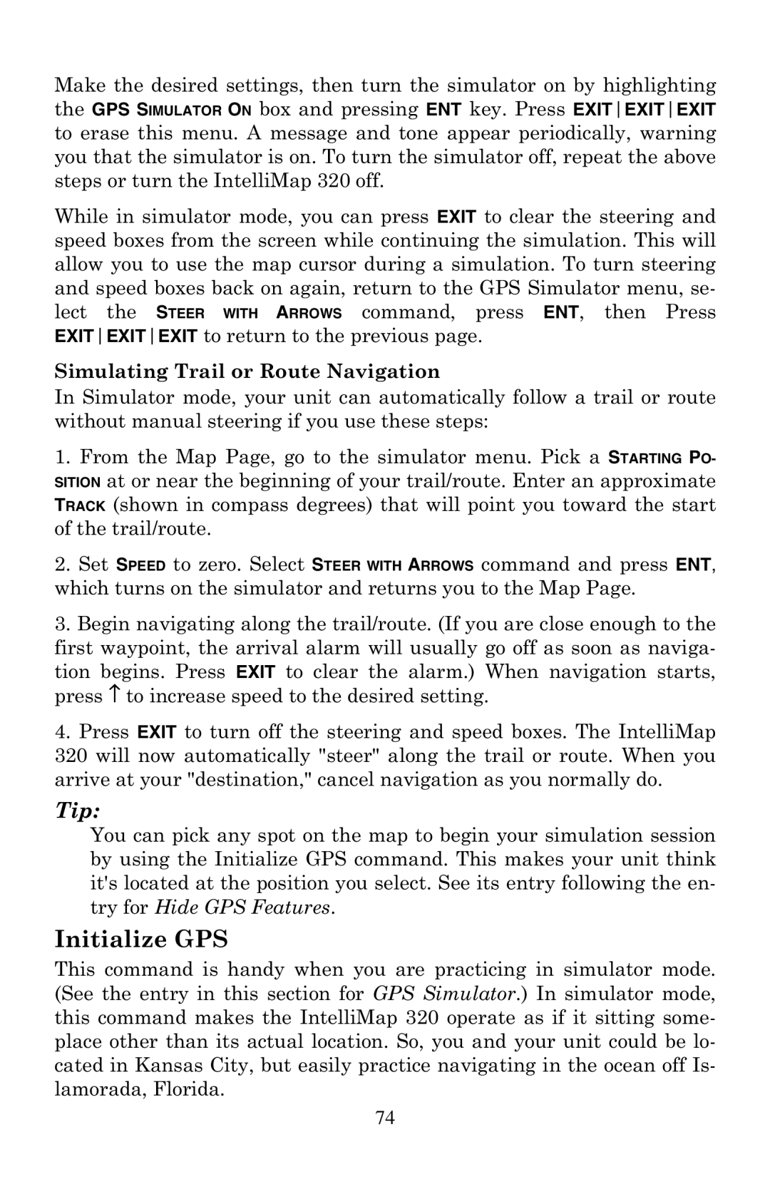 Eagle Electronics 320 manual Initialize GPS, Simulating Trail or Route Navigation 