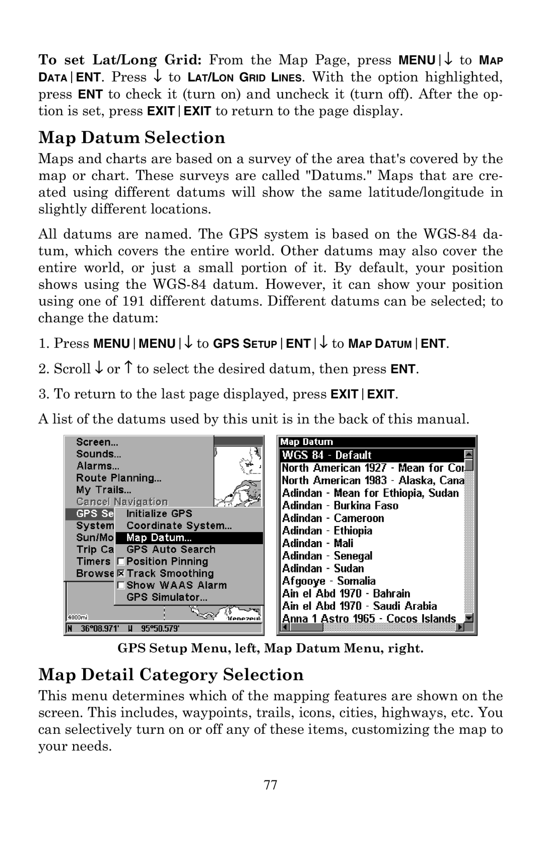 Eagle Electronics 320 manual Map Datum Selection, Map Detail Category Selection 