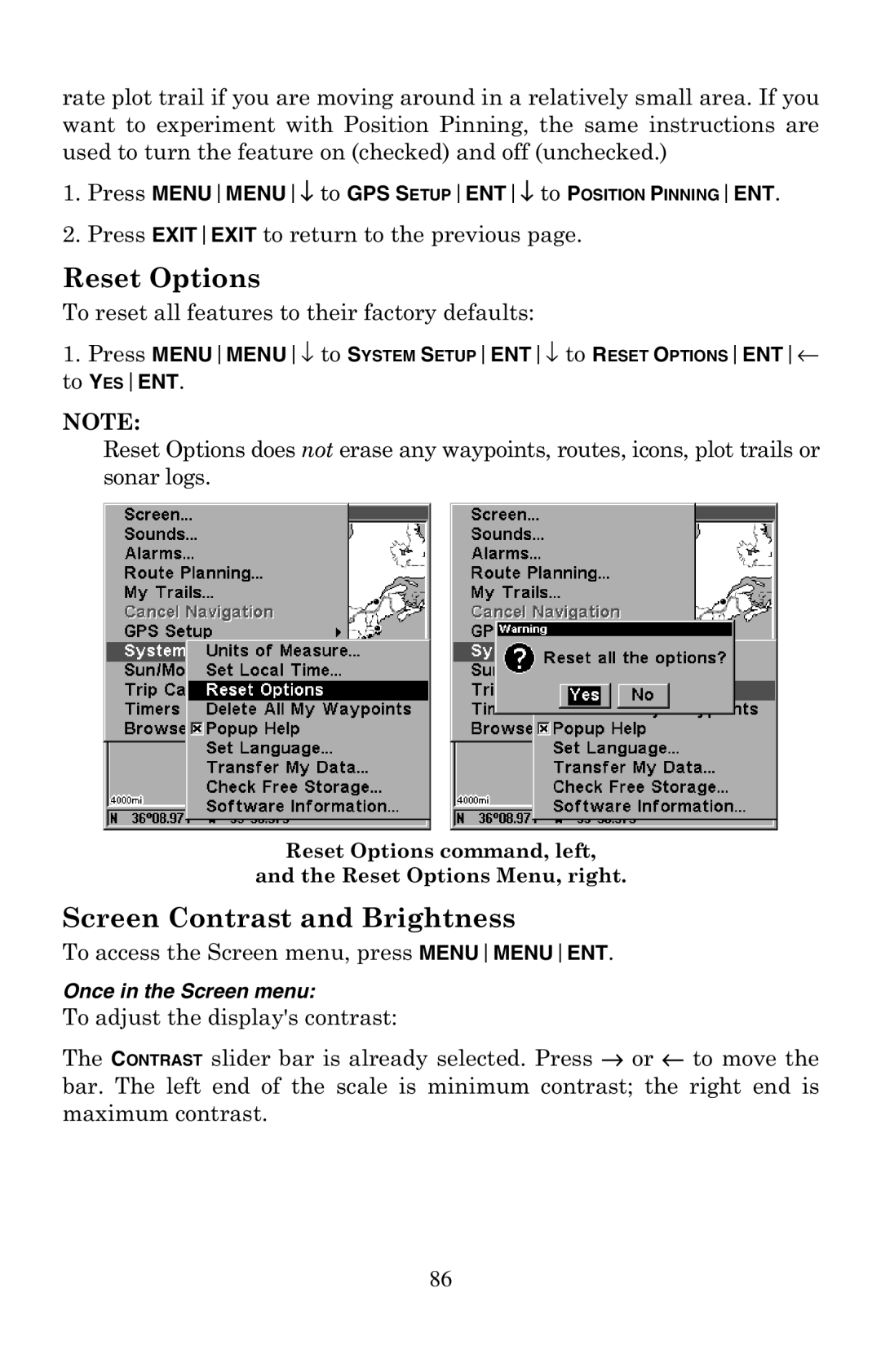 Eagle Electronics 320 manual Reset Options, Screen Contrast and Brightness 