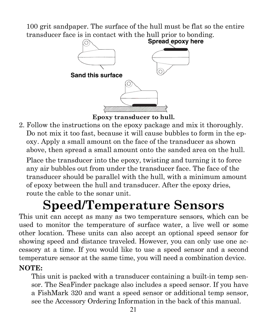 Eagle Electronics 320 manual Speed/Temperature Sensors, Spread epoxy here Sand this surface 