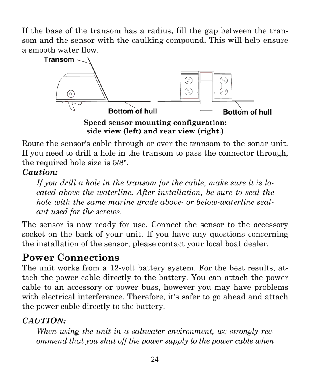 Eagle Electronics 320 manual Power Connections, Transom Bottom of hull 