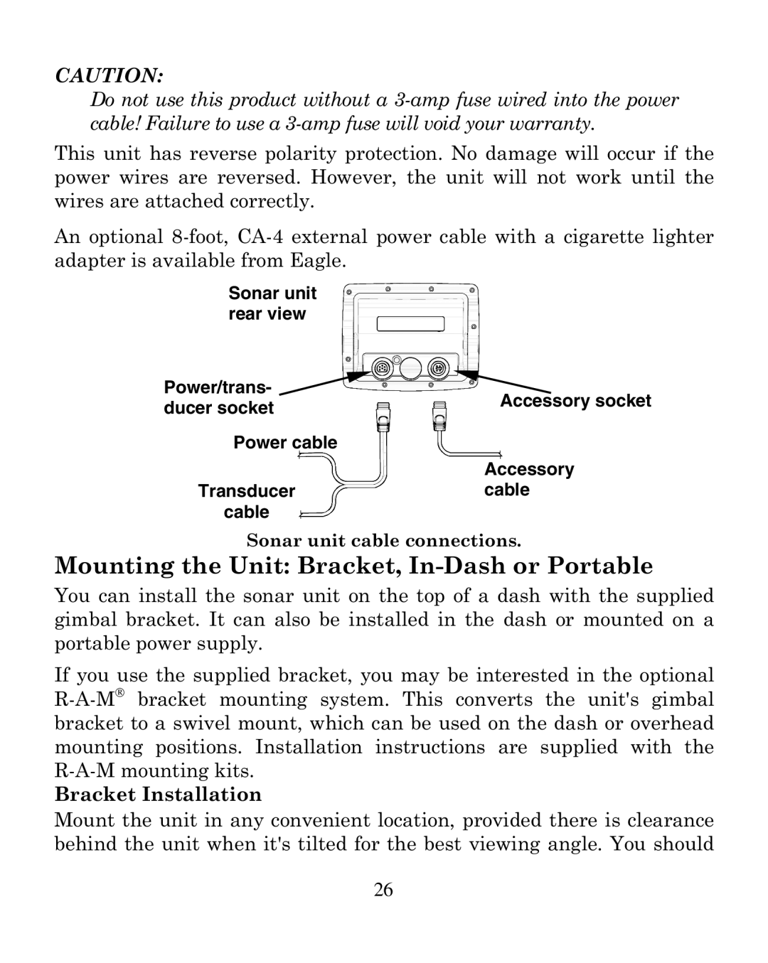 Eagle Electronics 320 manual Mounting the Unit Bracket, In-Dash or Portable, Sonar unit Rear view Power/trans, Ducer socket 