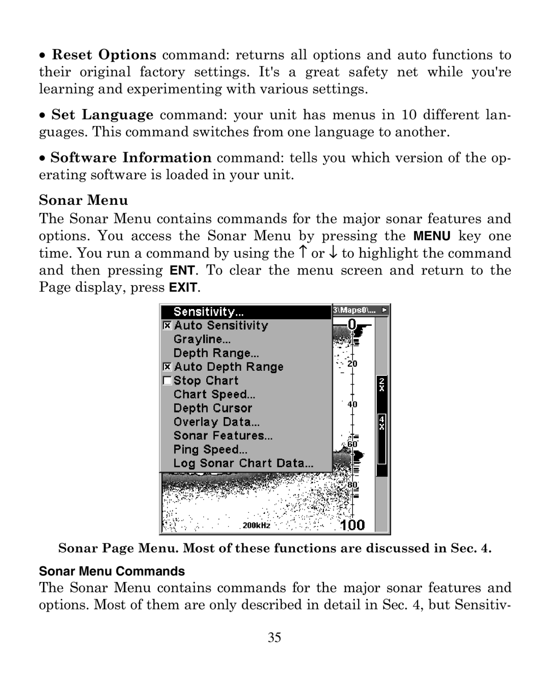 Eagle Electronics 320 manual Sonar Menu Commands 