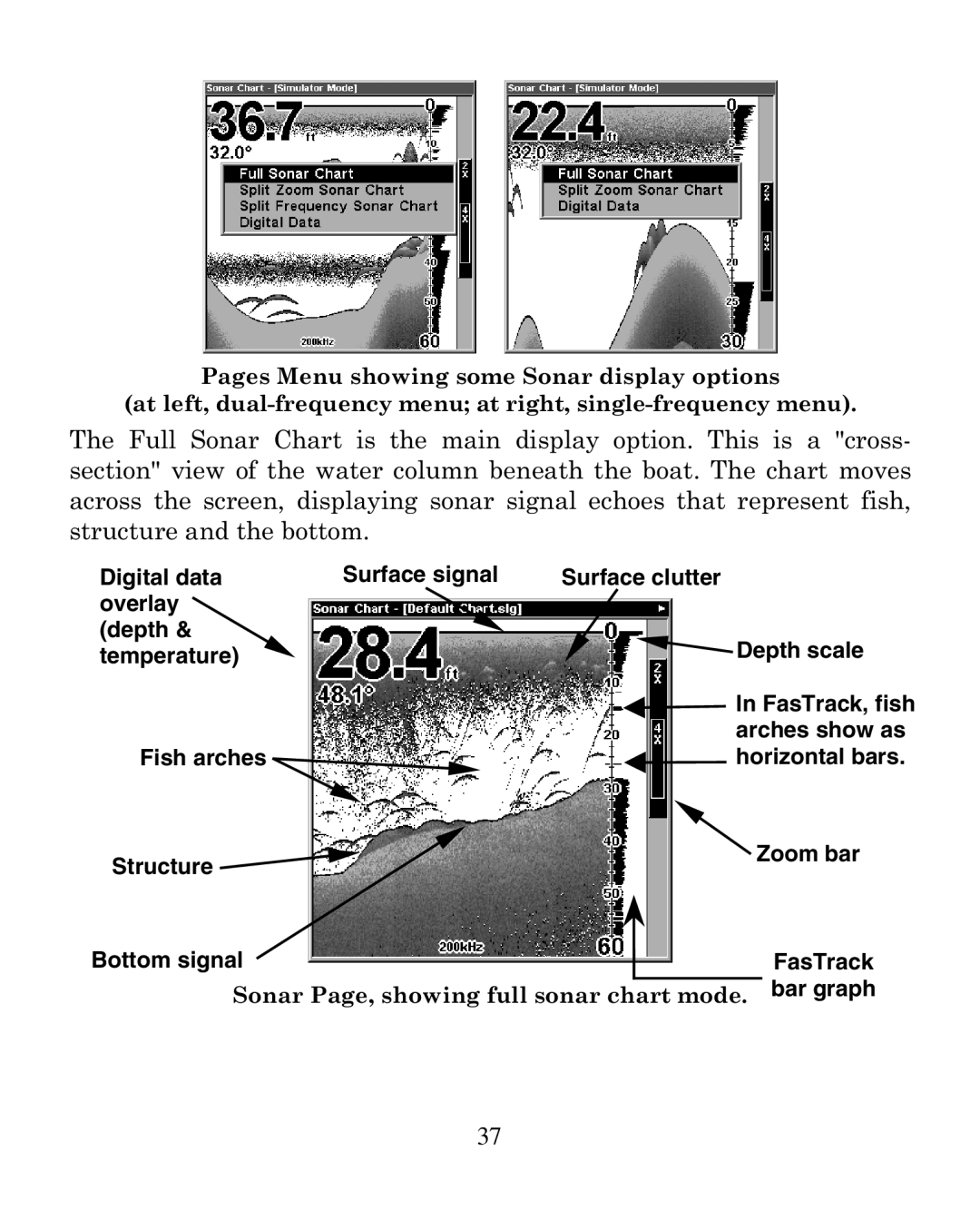 Eagle Electronics 320 manual Sonar Page, showing full sonar chart mode. bar graph 