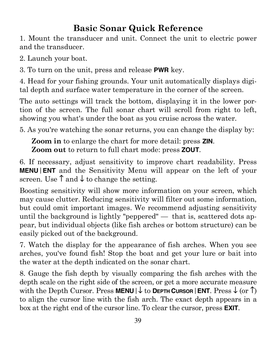 Eagle Electronics 320 manual Basic Sonar Quick Reference 