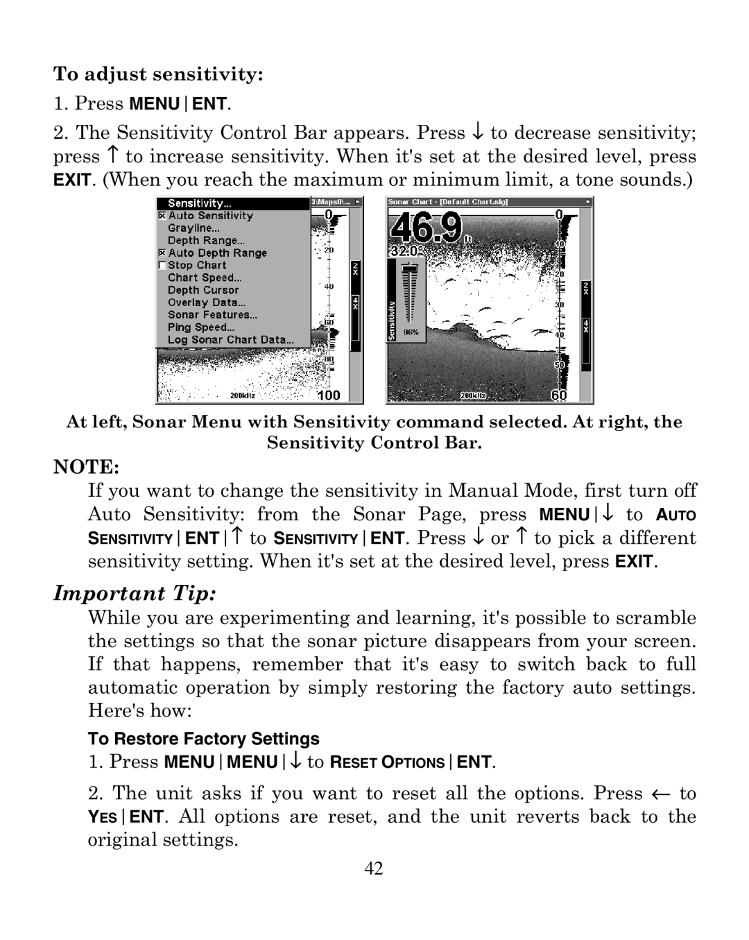 Eagle Electronics 320 manual Important Tip, To Restore Factory Settings 