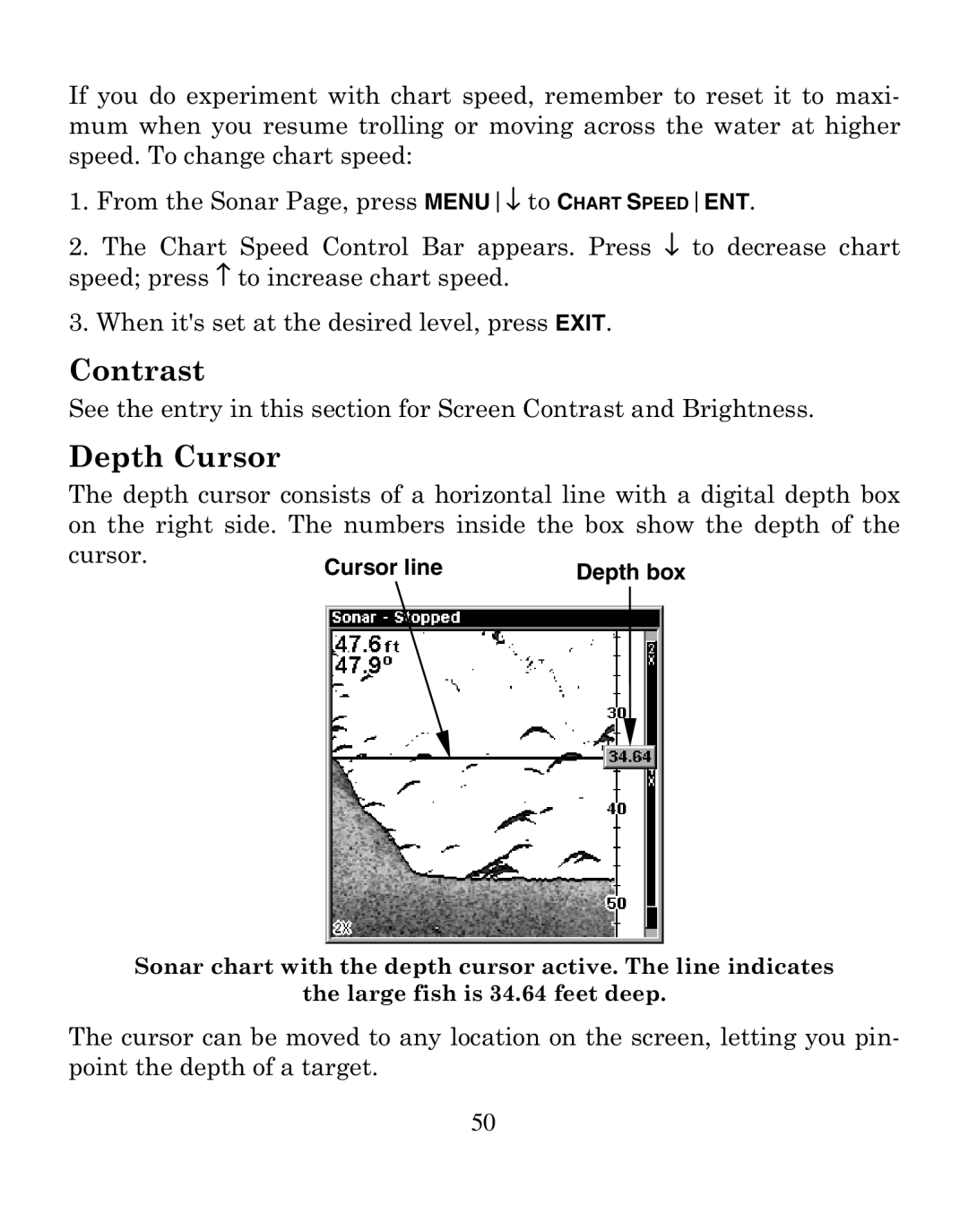 Eagle Electronics 320 manual Contrast, Depth Cursor, Depth box 