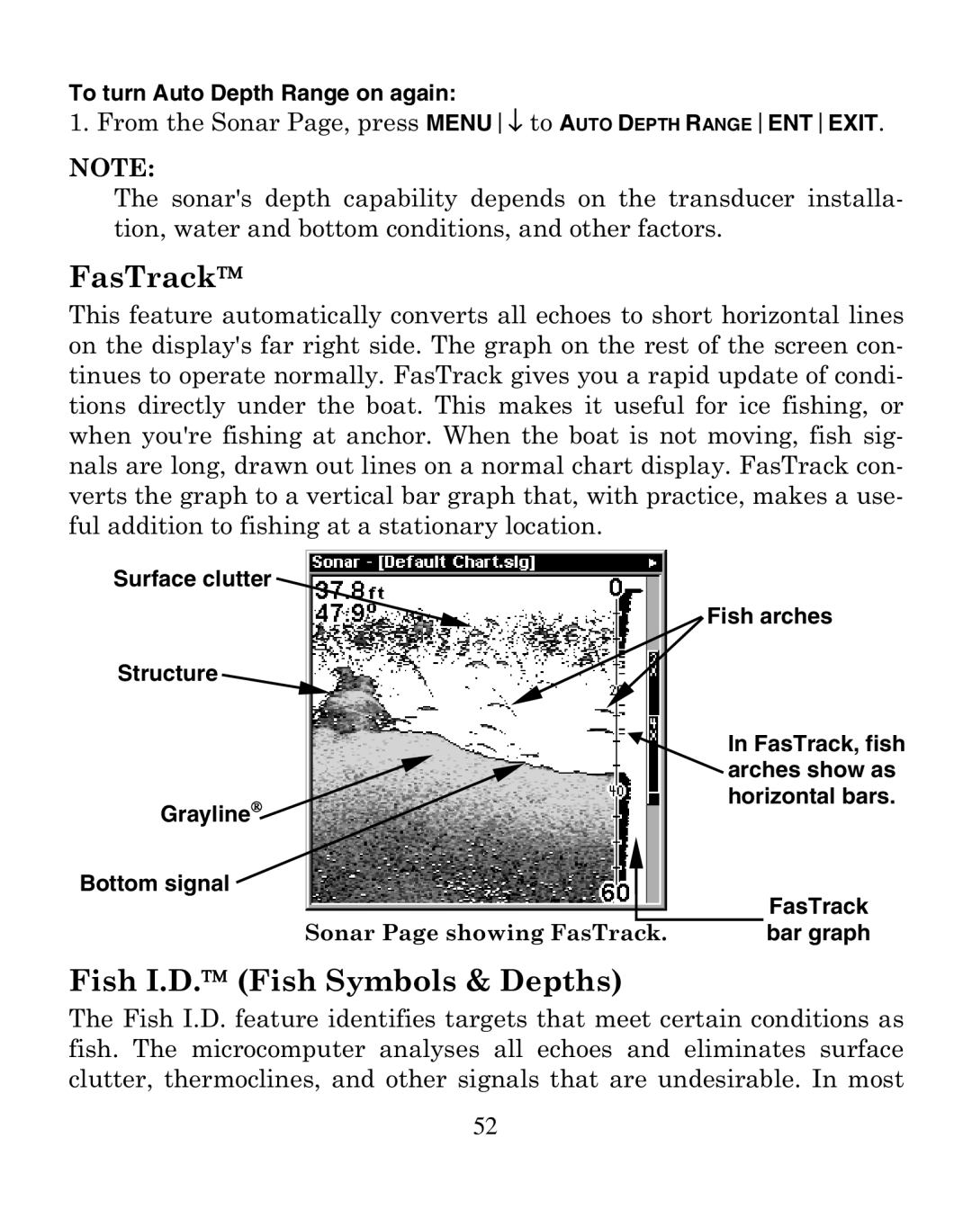 Eagle Electronics 320 manual FasTrack, Fish I.D. Fish Symbols & Depths, To turn Auto Depth Range on again, Bar graph 