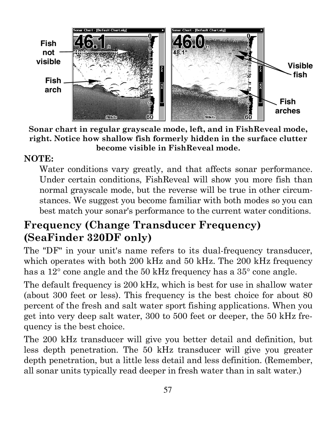 Eagle Electronics Frequency Change Transducer Frequency SeaFinder 320DF only, Fish Not Visible Fish arch Fish arches 