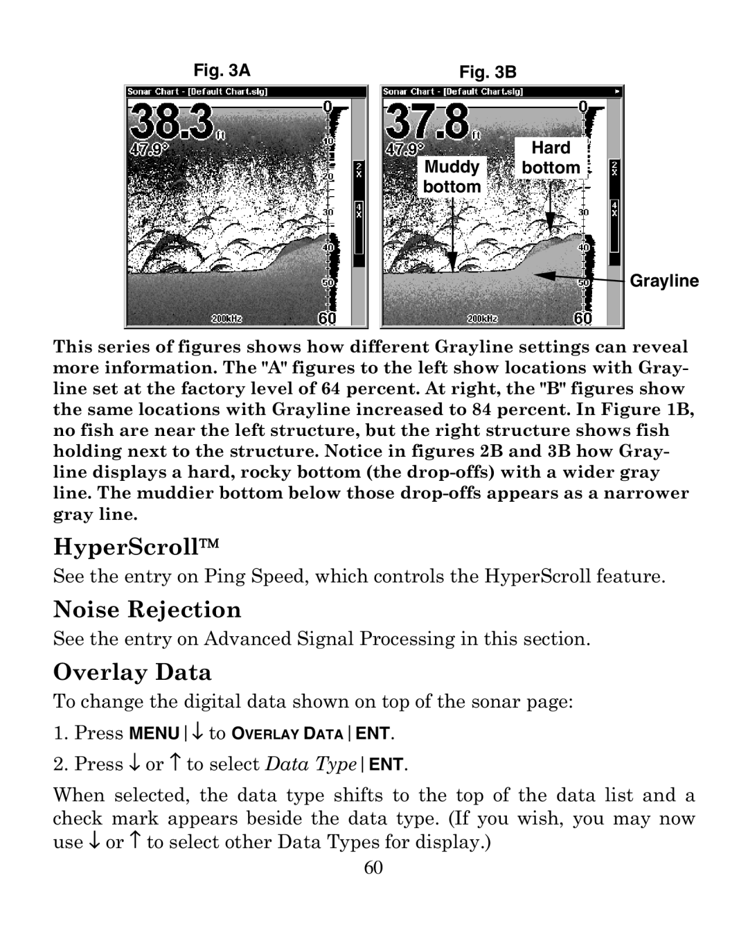 Eagle Electronics 320 manual HyperScroll, Noise Rejection, Overlay Data, Hard Muddy bottom bottom Grayline 