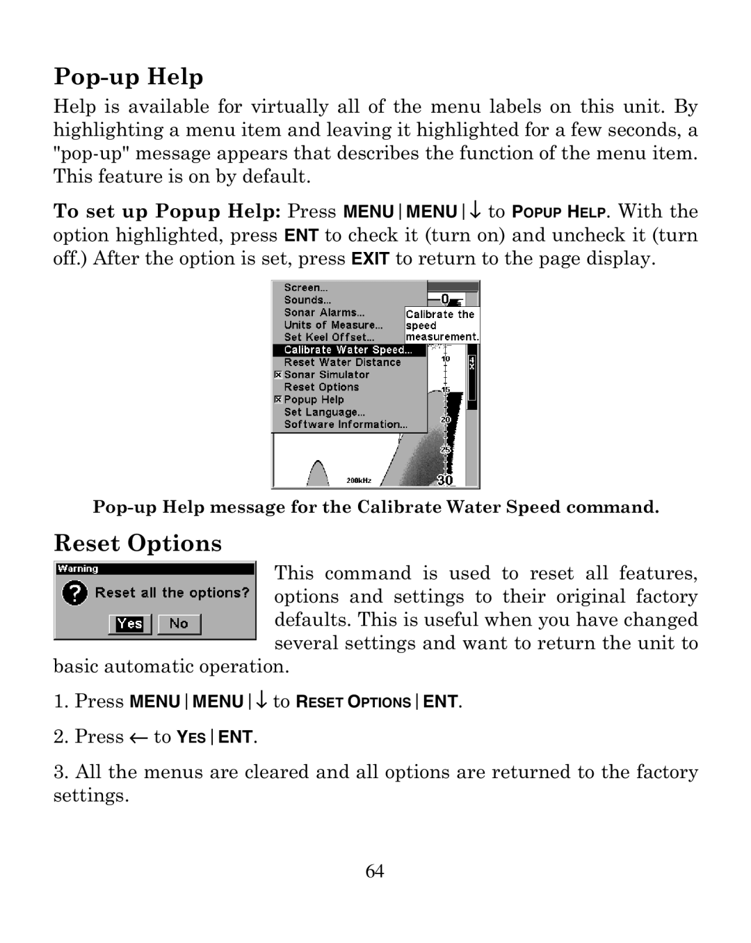 Eagle Electronics 320 manual Pop-up Help, Reset Options 