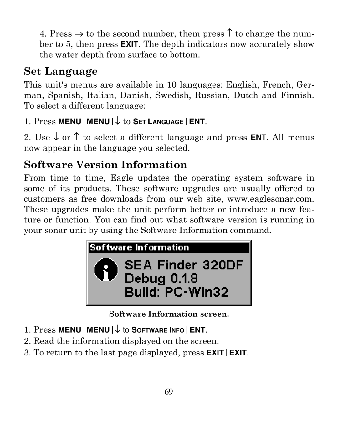 Eagle Electronics 320 manual Set Language, Software Version Information, Press MENUMENU↓ to Software Infoent 