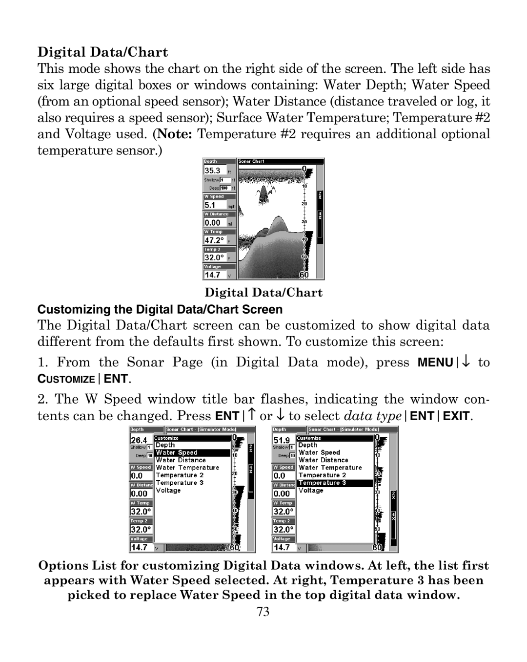 Eagle Electronics 320 manual Customizing the Digital Data/Chart Screen 