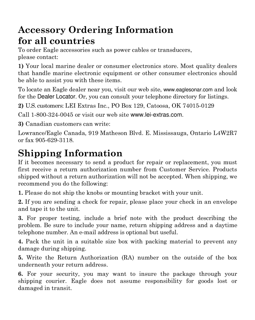 Eagle Electronics 320C manual Accessory Ordering Information for all countries 