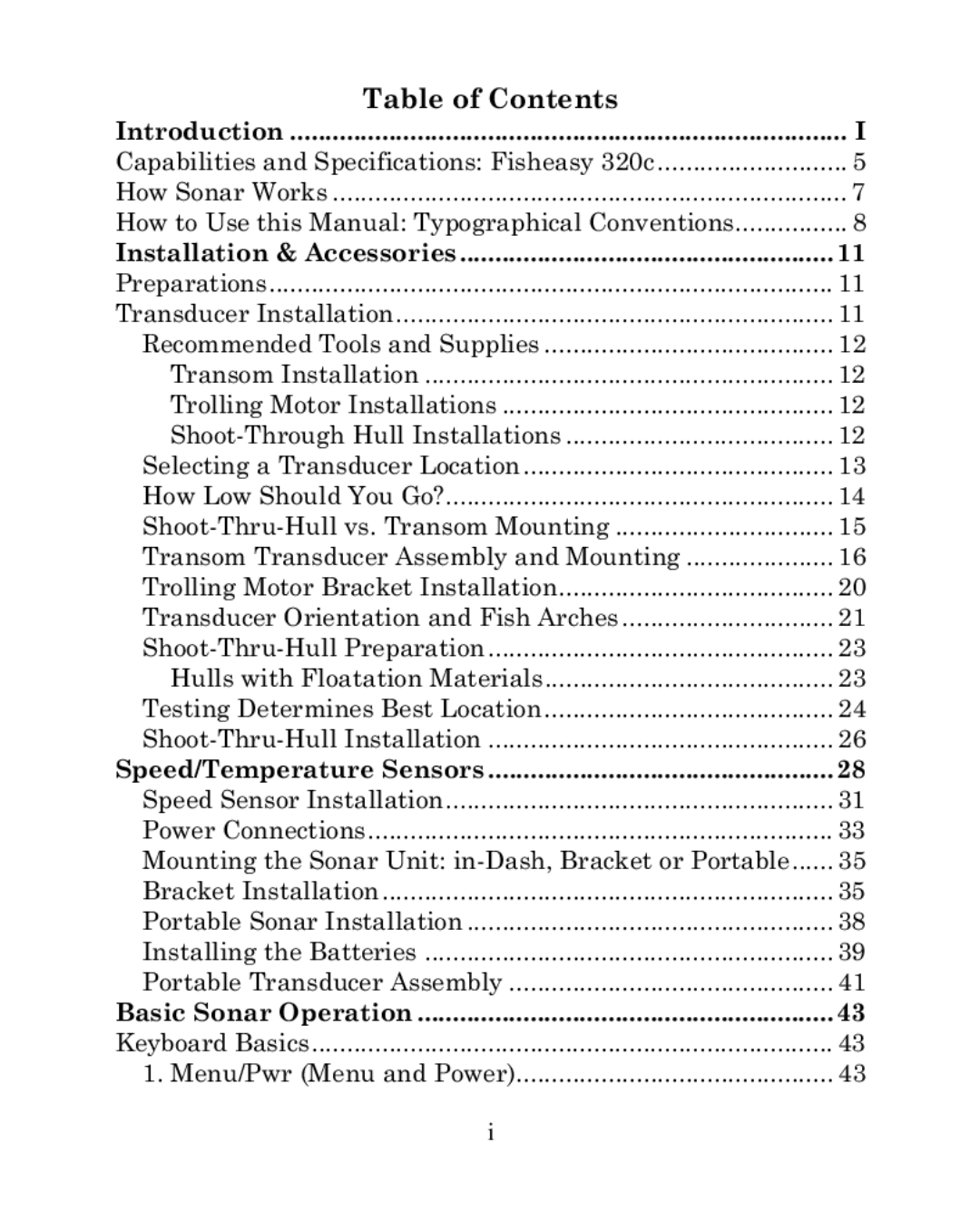 Eagle Electronics 320C manual Table of Contents 