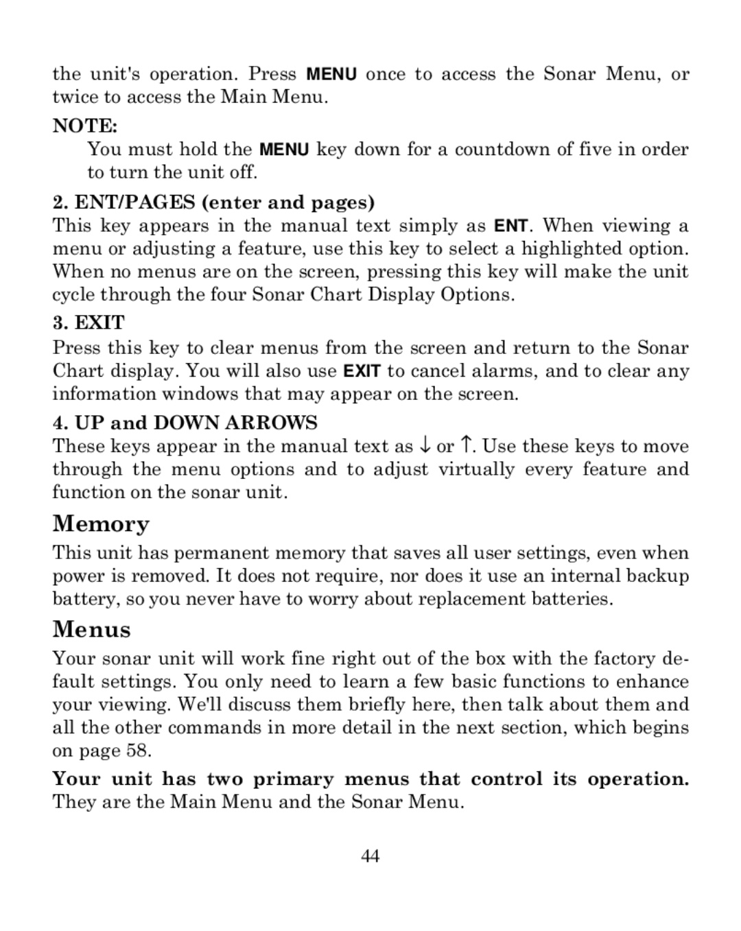 Eagle Electronics 320C manual Memory, Menus, ENT/PAGES enter and pages, UP and Down Arrows 