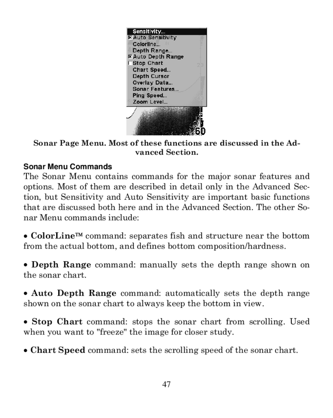 Eagle Electronics 320C manual Sonar Menu Commands 