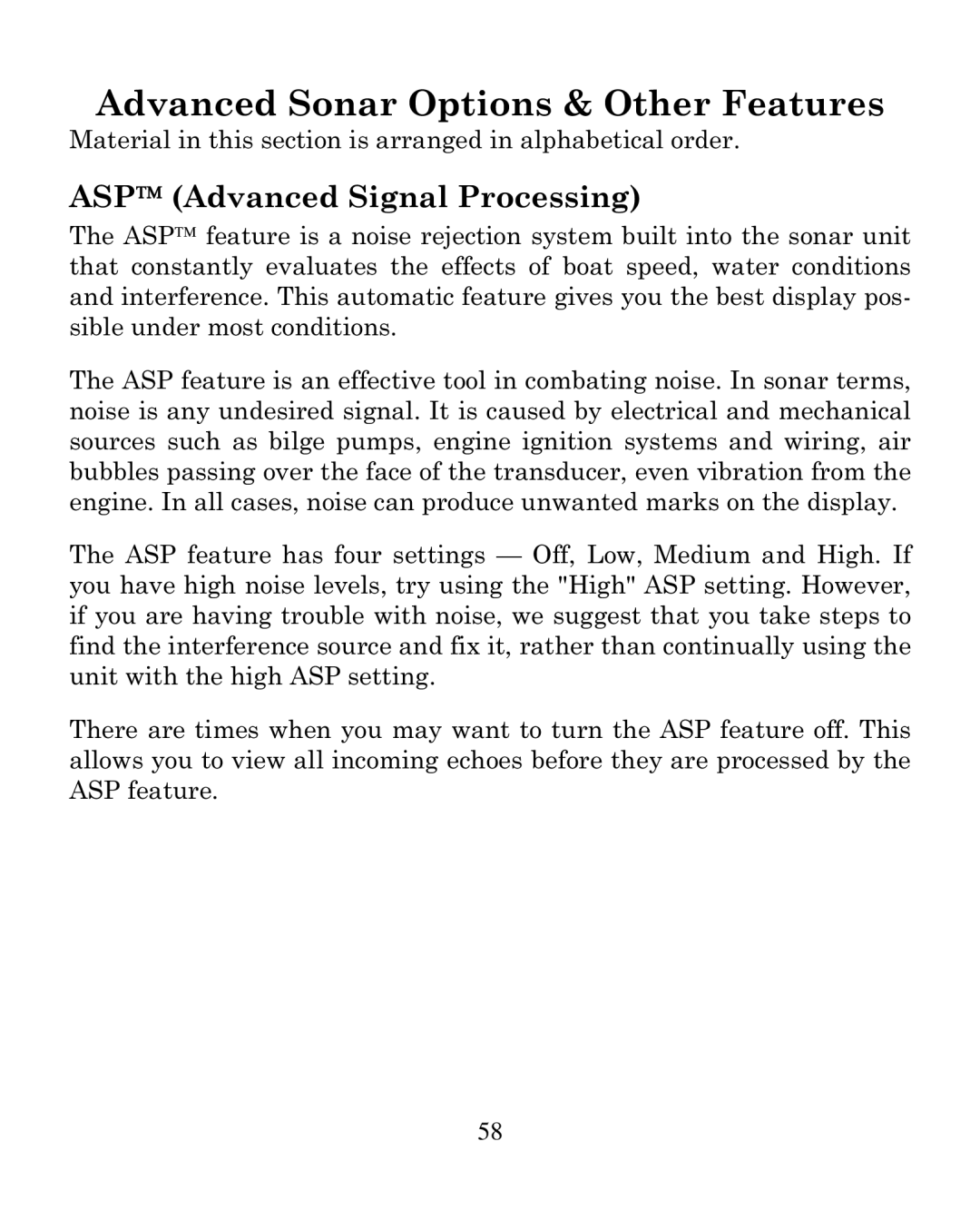 Eagle Electronics 320C manual Advanced Sonar Options & Other Features, ASP Advanced Signal Processing 