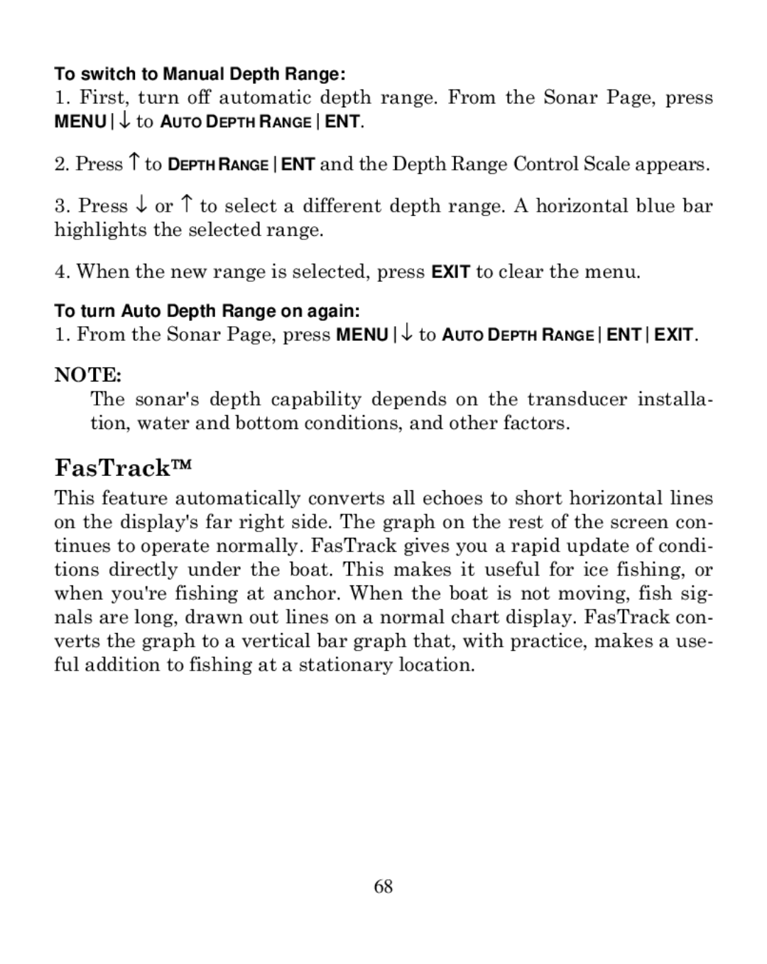 Eagle Electronics 320C manual FasTrack, To switch to Manual Depth Range, To turn Auto Depth Range on again 