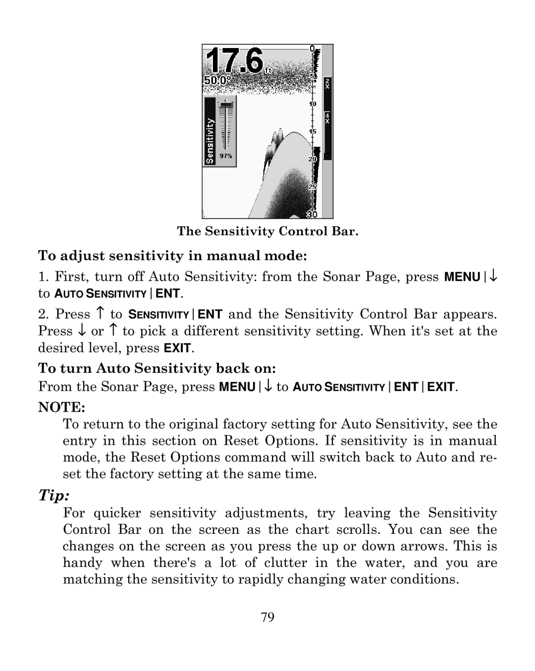 Eagle Electronics 320C To adjust sensitivity in manual mode, To turn Auto Sensitivity back on 