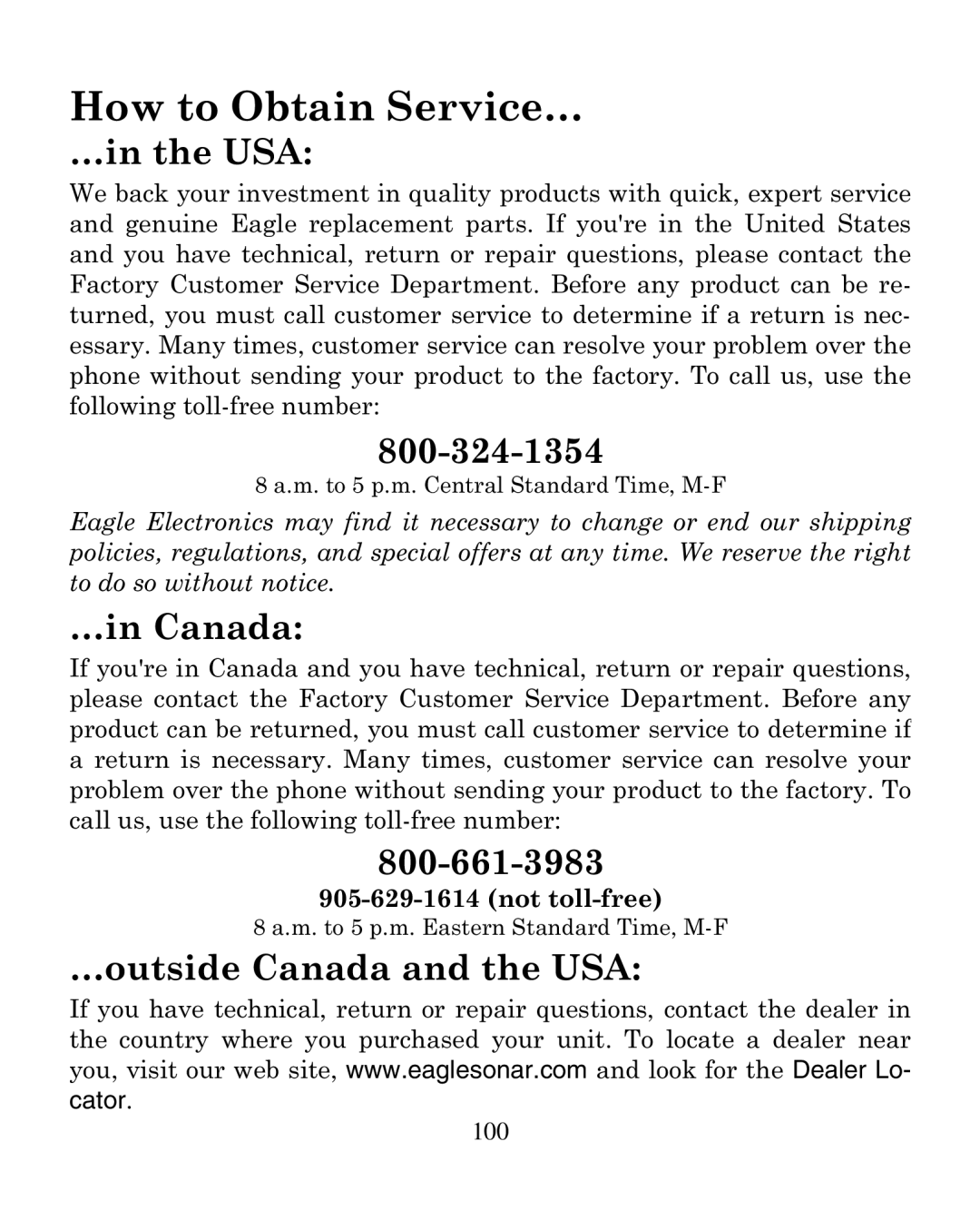 Eagle Electronics 320C manual How to Obtain Service…, …in the USA, 800-324-1354, …in Canada, 800-661-3983 