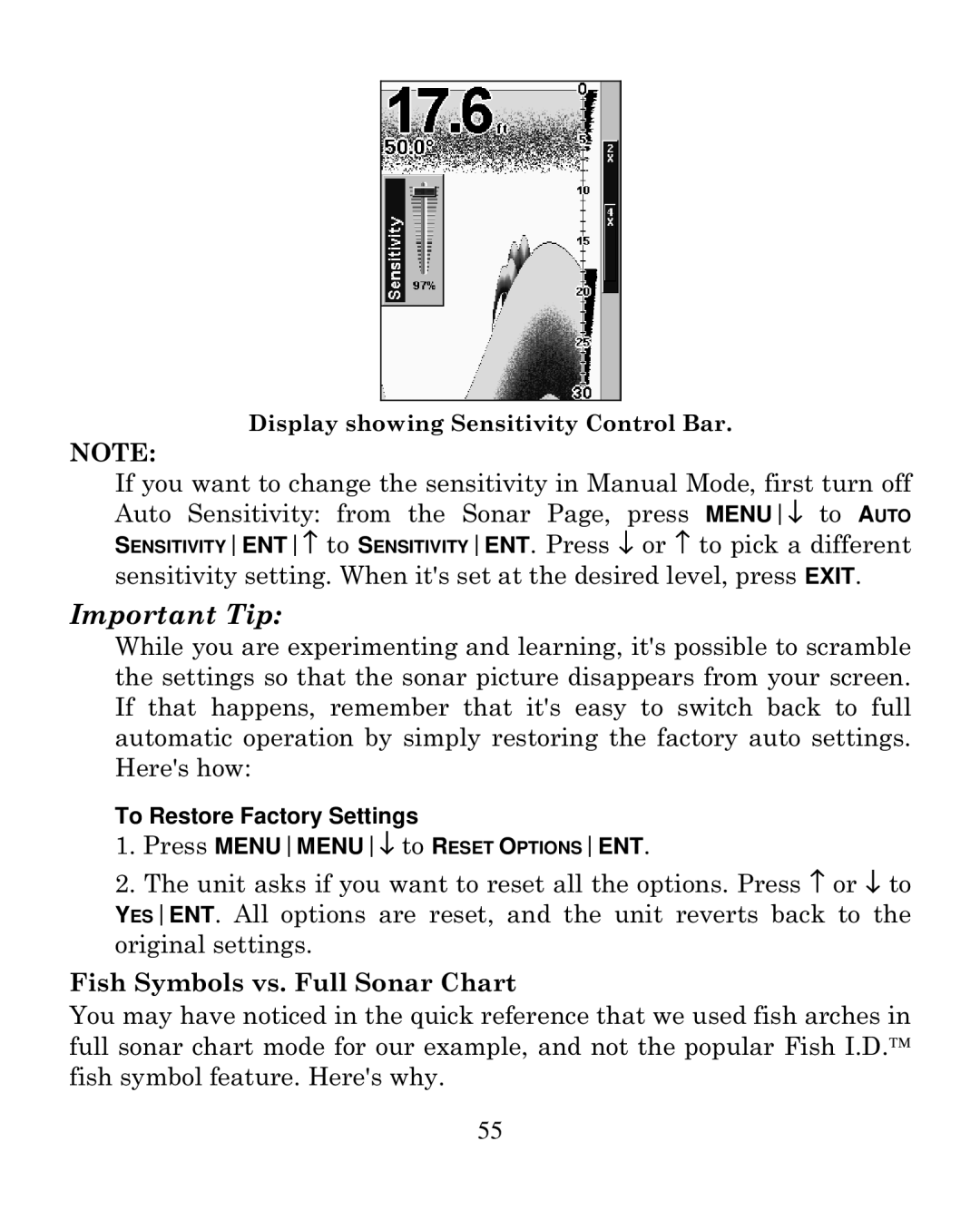 Eagle Electronics 320C manual Important Tip, Fish Symbols vs. Full Sonar Chart 