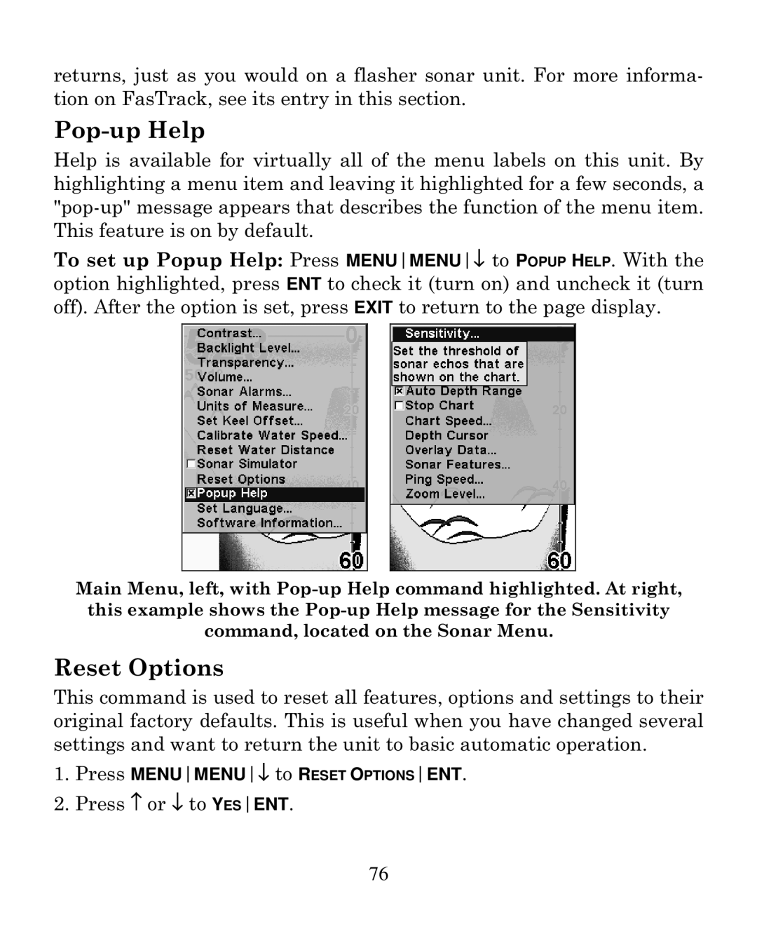 Eagle Electronics 320C manual Pop-upHelp, Reset Options 
