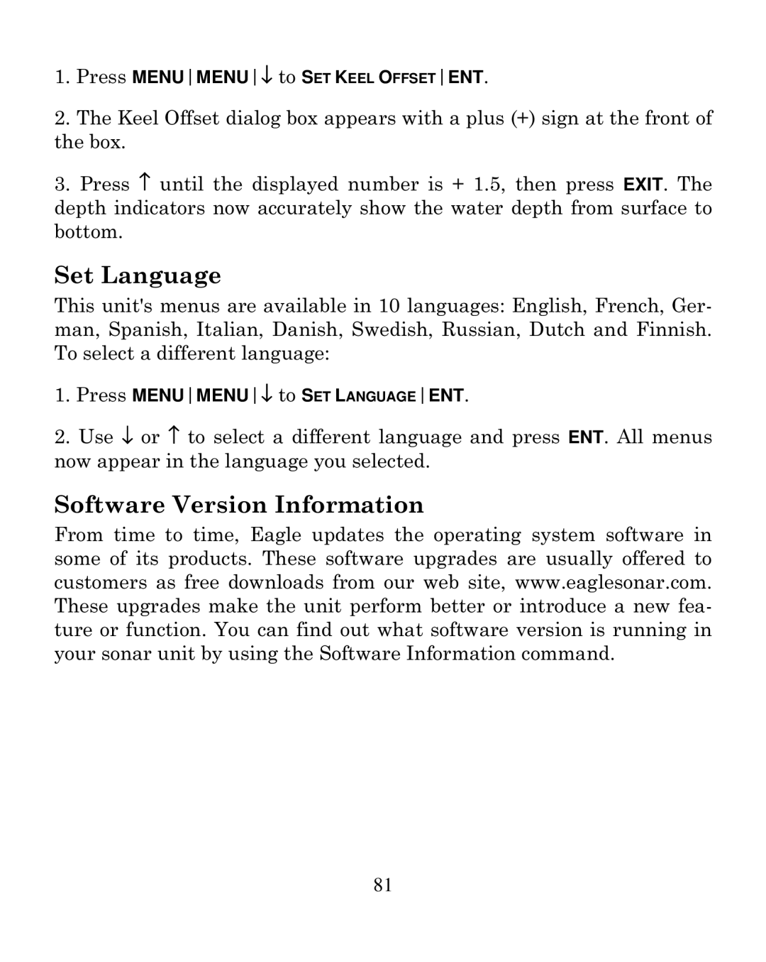 Eagle Electronics 320C manual Set Language, Software Version Information 