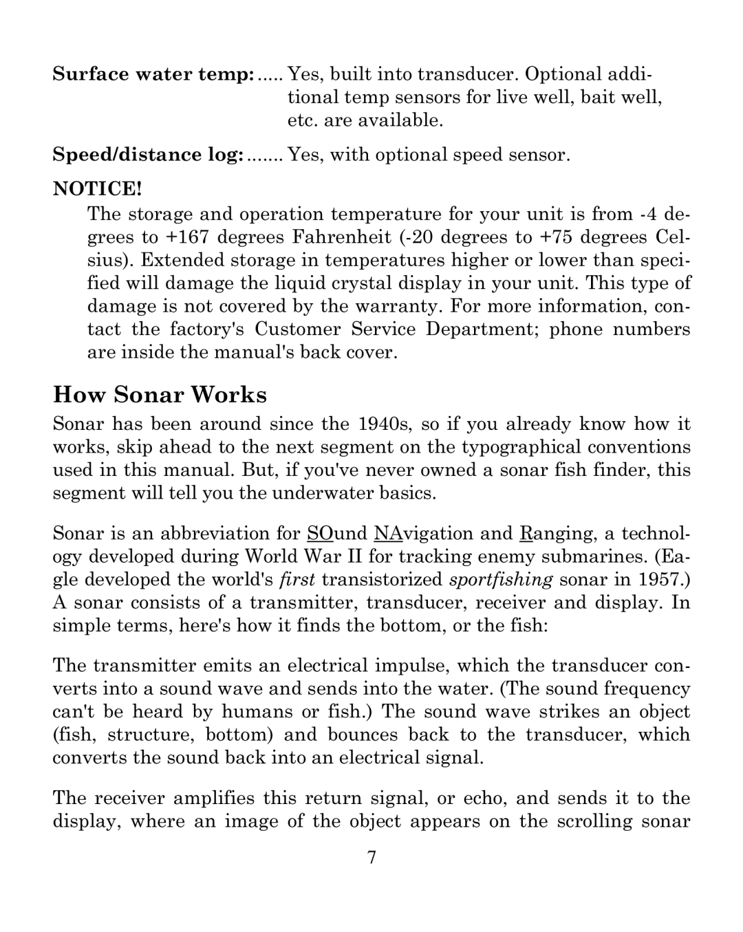 Eagle Electronics 320C manual How Sonar Works, Notice 