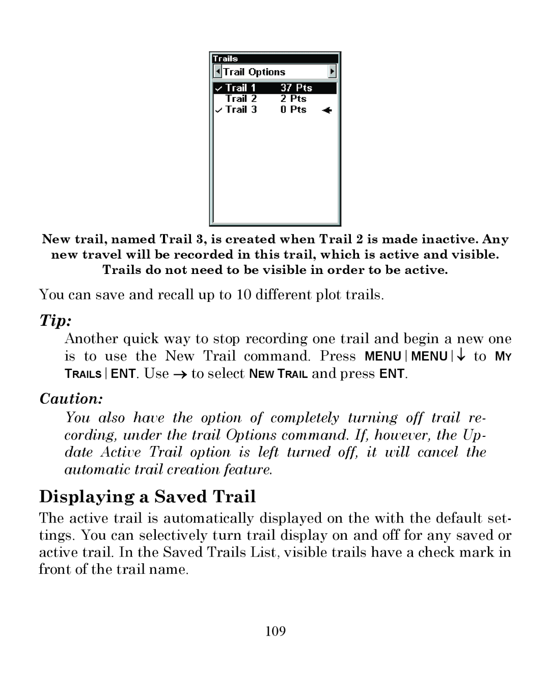 Eagle Electronics 350 S/MAP manual Displaying a Saved Trail, 109 