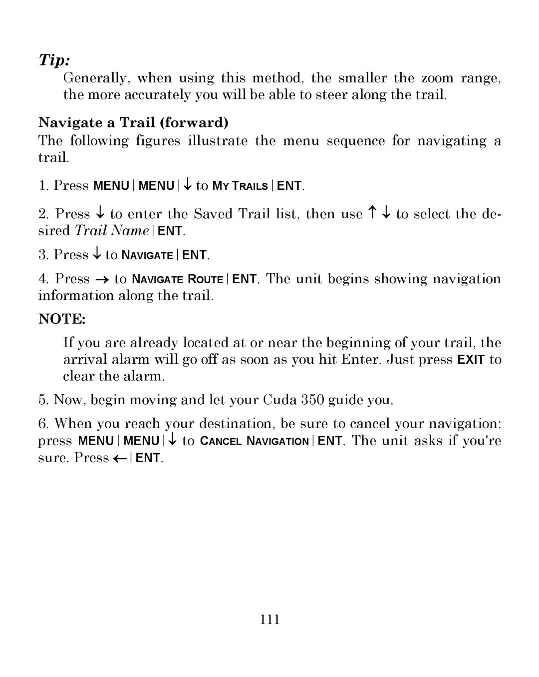 Eagle Electronics 350 S/MAP manual Navigate a Trail forward, 111 