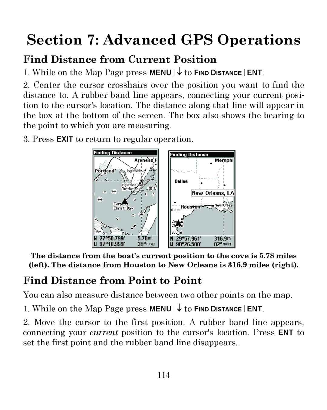 Eagle Electronics 350 S/MAP manual Find Distance from Current Position, Find Distance from Point to Point, 114 