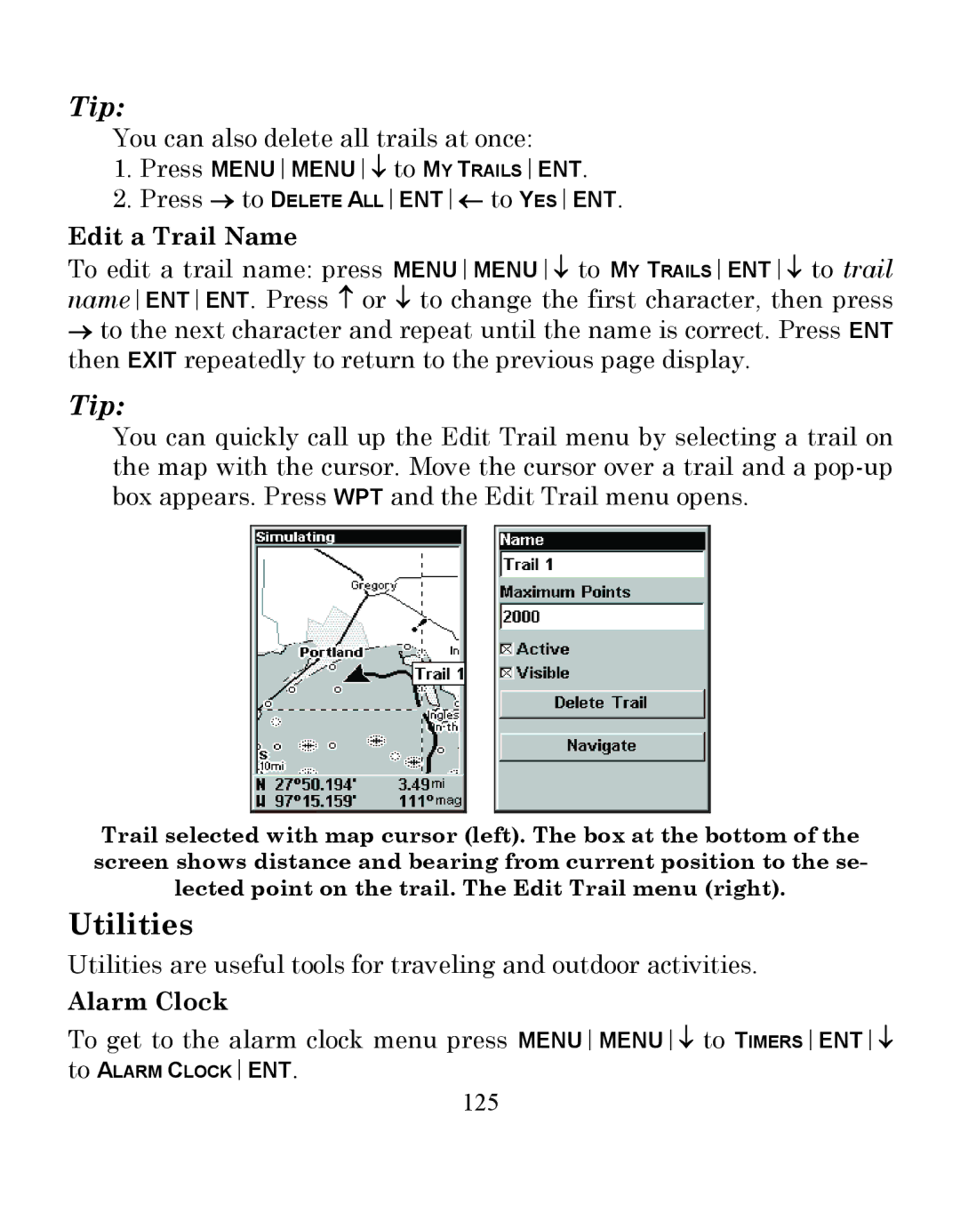 Eagle Electronics 350 S/MAP manual Utilities, Edit a Trail Name, Alarm Clock, 125 