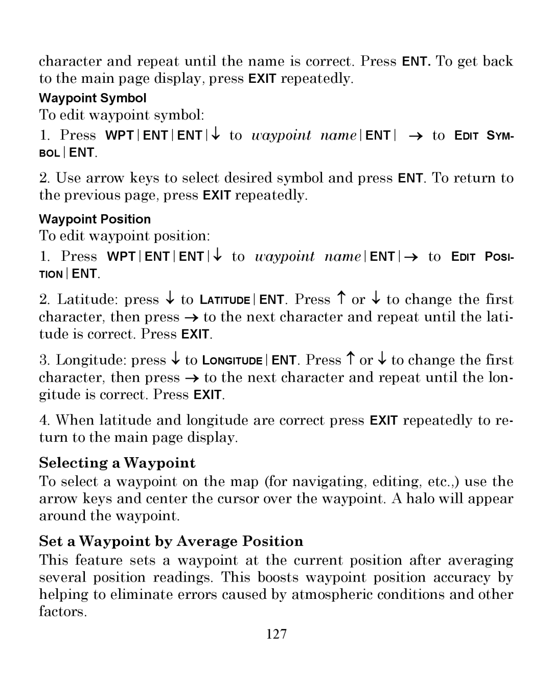 Eagle Electronics 350 S/MAP manual Selecting a Waypoint, Set a Waypoint by Average Position, 127 