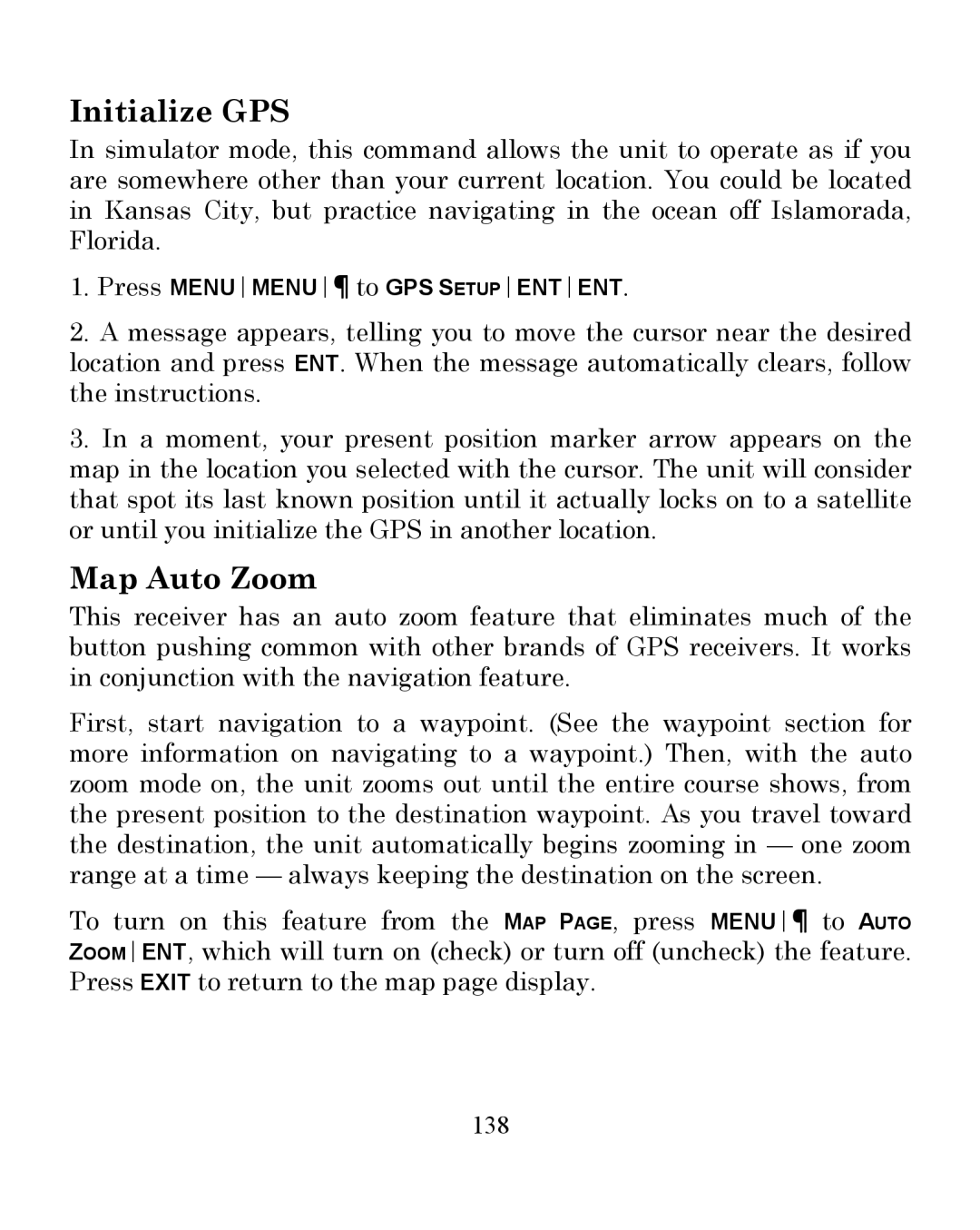 Eagle Electronics 350 S/MAP manual Initialize GPS, Map Auto Zoom, 138 