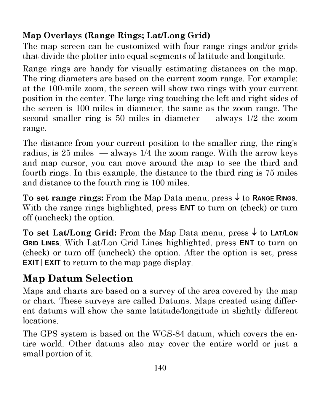 Eagle Electronics 350 S/MAP manual Map Datum Selection, Map Overlays Range Rings Lat/Long Grid, 140 