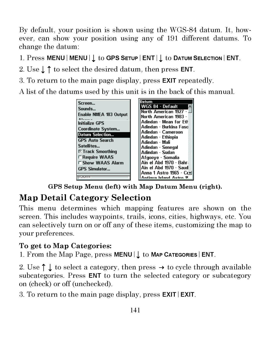 Eagle Electronics 350 S/MAP manual Map Detail Category Selection, To get to Map Categories, 141 