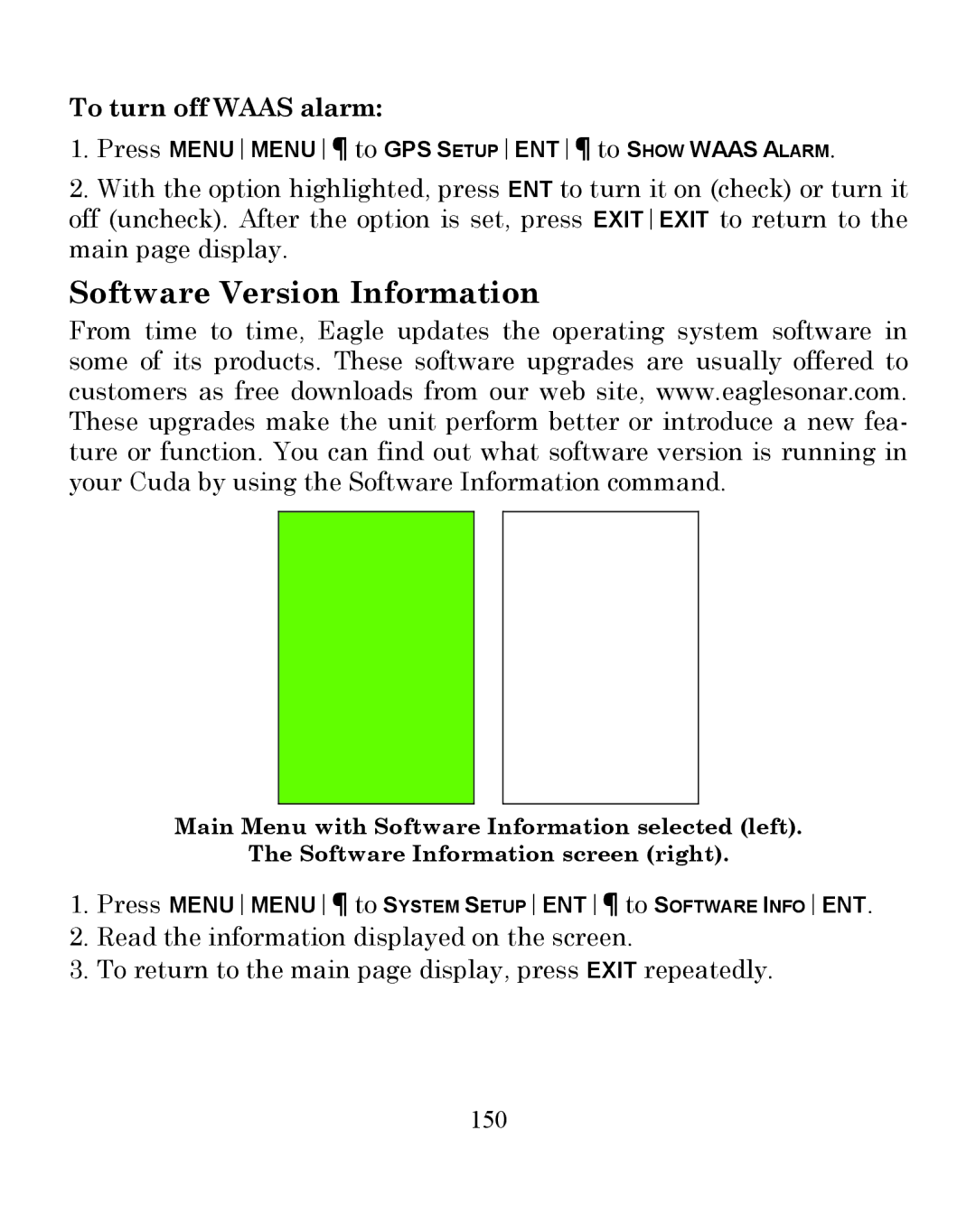 Eagle Electronics 350 S/MAP manual Software Version Information, To turn off Waas alarm, 150 